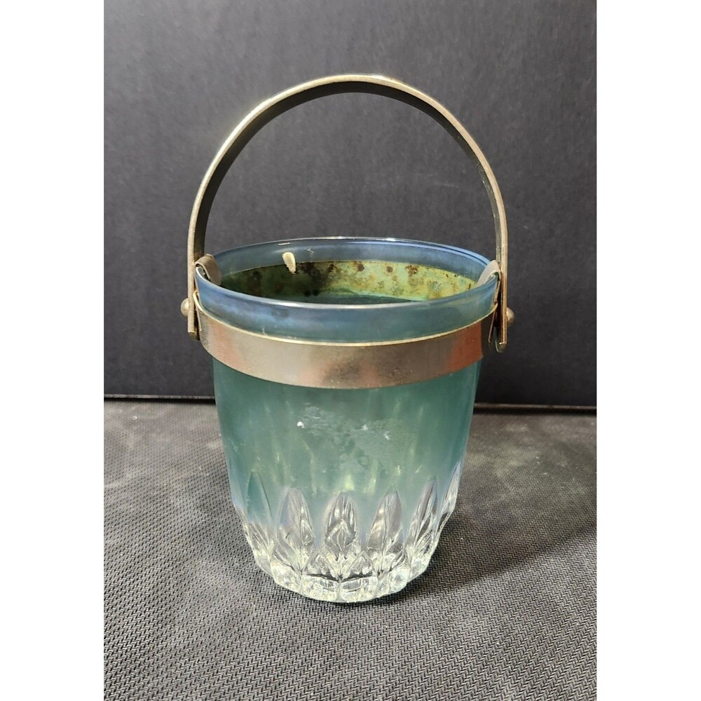 Blue and Clear Glass Ice Bucket with Metal Handle, Round Shape, 4.5" MAKE OFFER